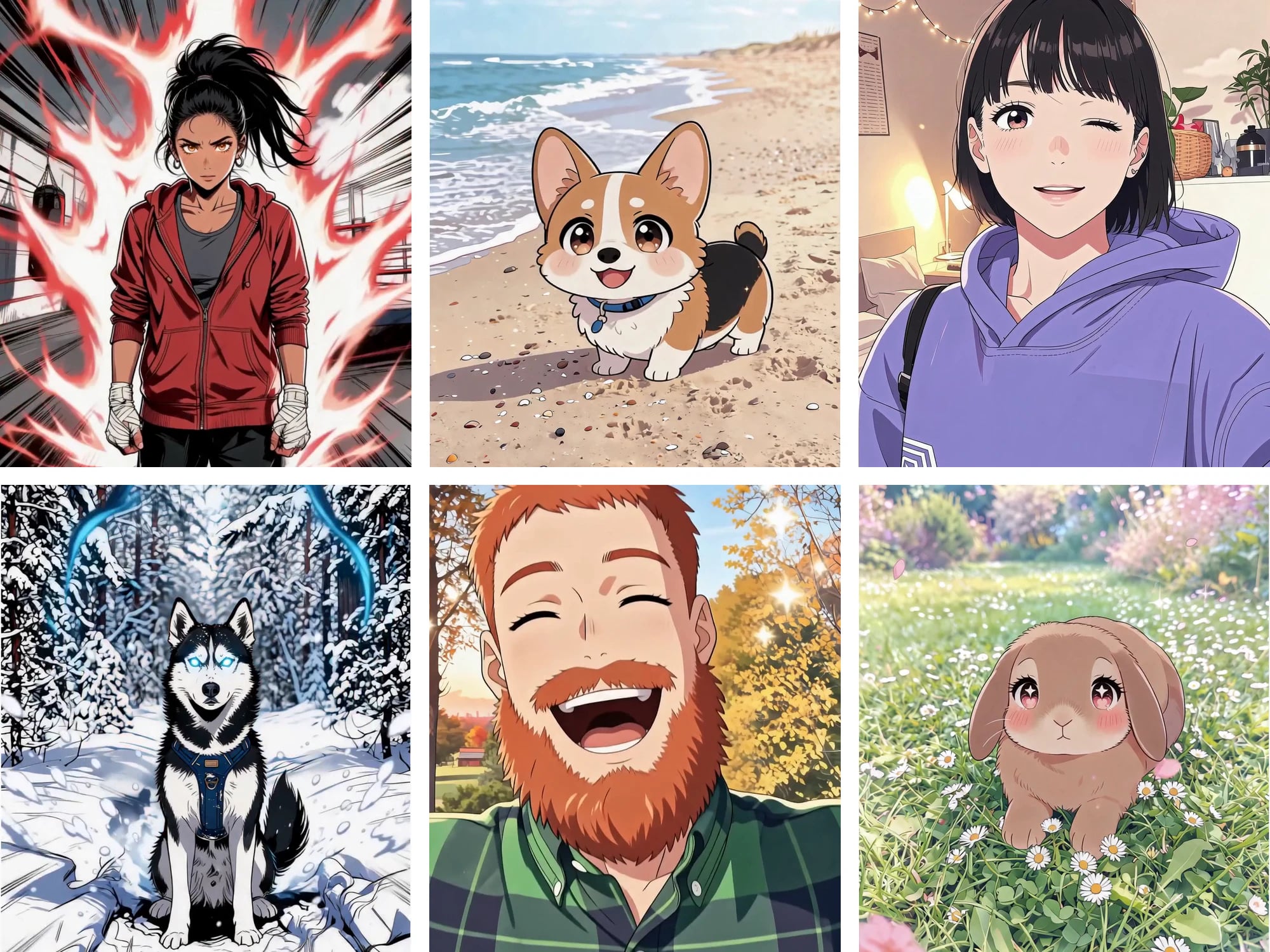 Six frames from AI-generated anime GIF loops: a boxer powering up, a corgi on a beach, a woman winking, a husky in the snow, a laughing bearded man and a rabbit in a meadow