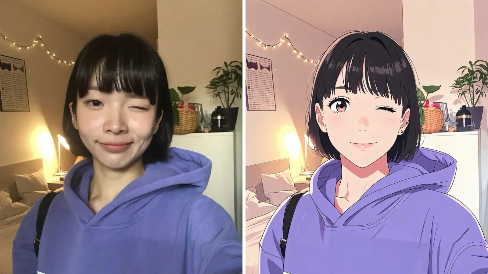 A selfie of a woman with a black bob in a lavender hoodie beside the same photo redrawn in the TV Anime style