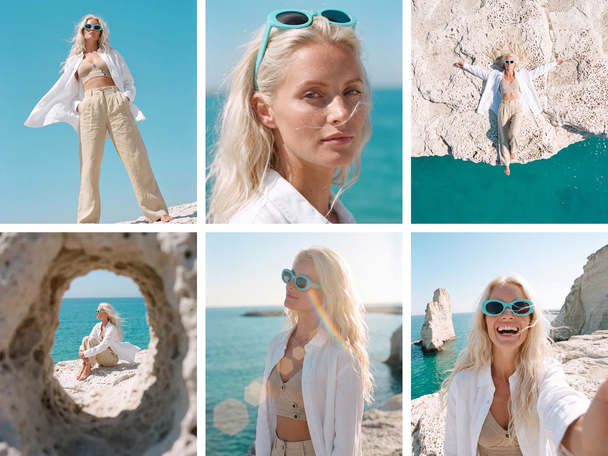 Six shots of the same woman in turquoise sunglasses on a white sea cliff: a low angle, a close-up, a top-down view, a shot through a hole in the rock, a lens flare and a selfie