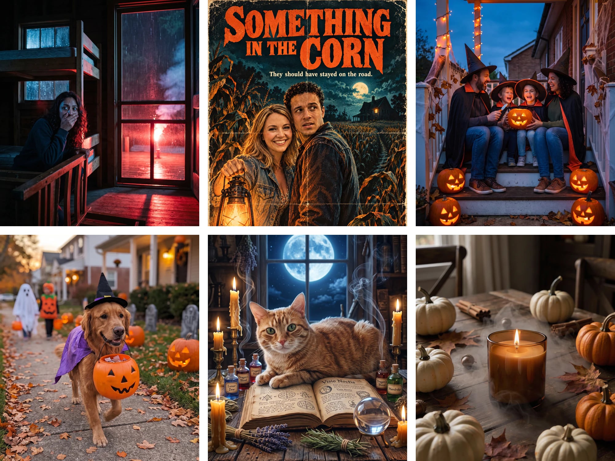 Six Halloween AI photos: a woman hiding in a dark cabin lit by a red flare, a couple on a 70s horror poster, a family in witch hats on a porch, a dog in a witch hat, an orange cat on a spellbook and a candle among pumpkins