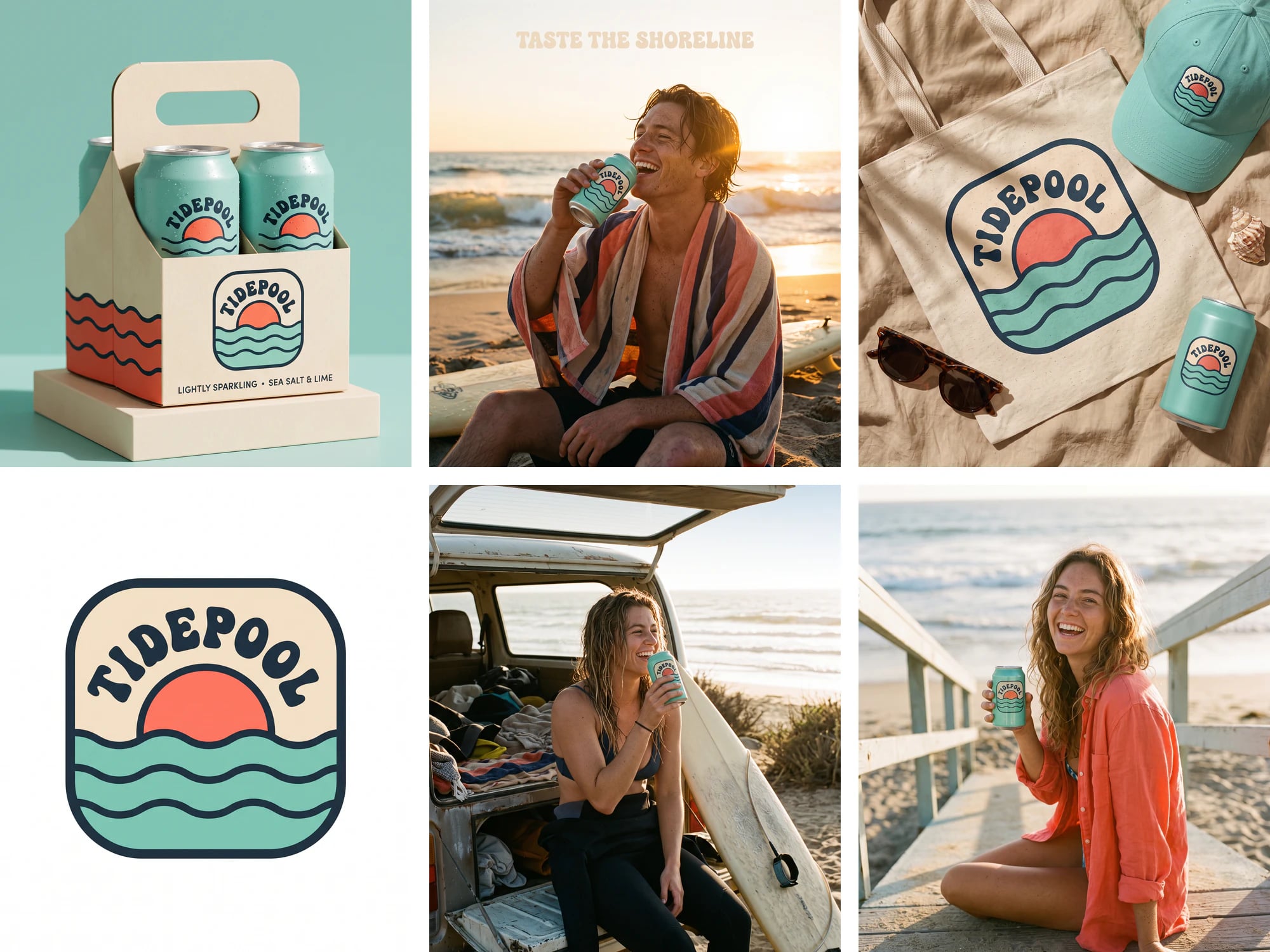 Six images from the TIDEPOOL brand kit: a 4-pack of seafoam cans, a surfer drinking from a can at sunset, a tote and cap with the badge, the retro sun-and-waves logo, a surfer on a van tailgate and a woman holding a can on a beach walkway