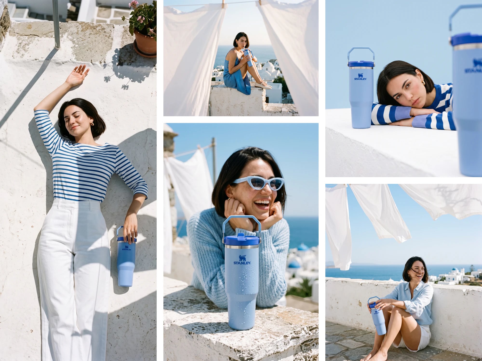 Collage of five AI-generated summer campaign photos of a woman with a periwinkle-blue tumbler on a whitewashed Mediterranean rooftop