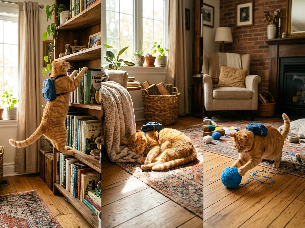 The same orange tabby cat drawn three times in one living room, climbing a bookshelf, napping and playing with yarn, generated with Nano Banana 2