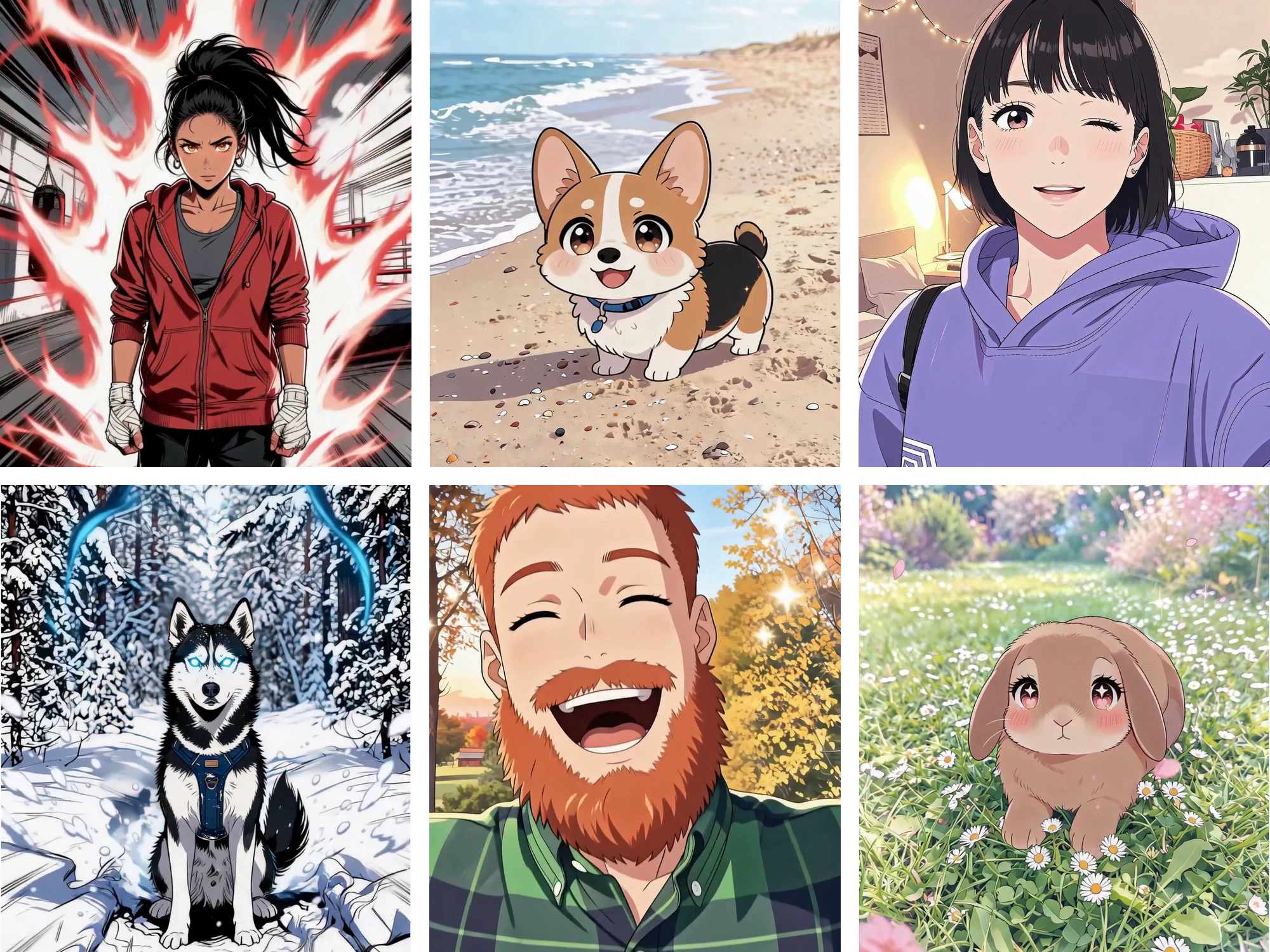 Six frames from AI-generated anime GIF loops: a boxer powering up, a corgi on a beach, a woman winking, a husky in the snow, a laughing bearded man and a rabbit in a meadow