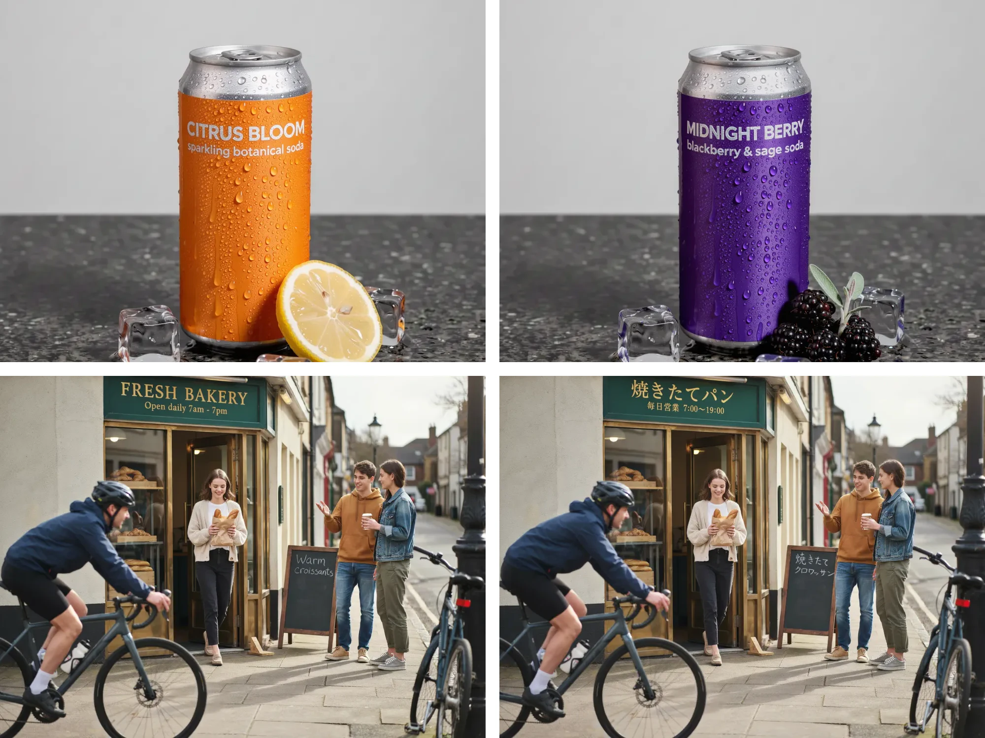 Two before-and-after edits: an orange CITRUS BLOOM can turned into a violet MIDNIGHT BERRY can, and a bakery sign translated from English into Japanese