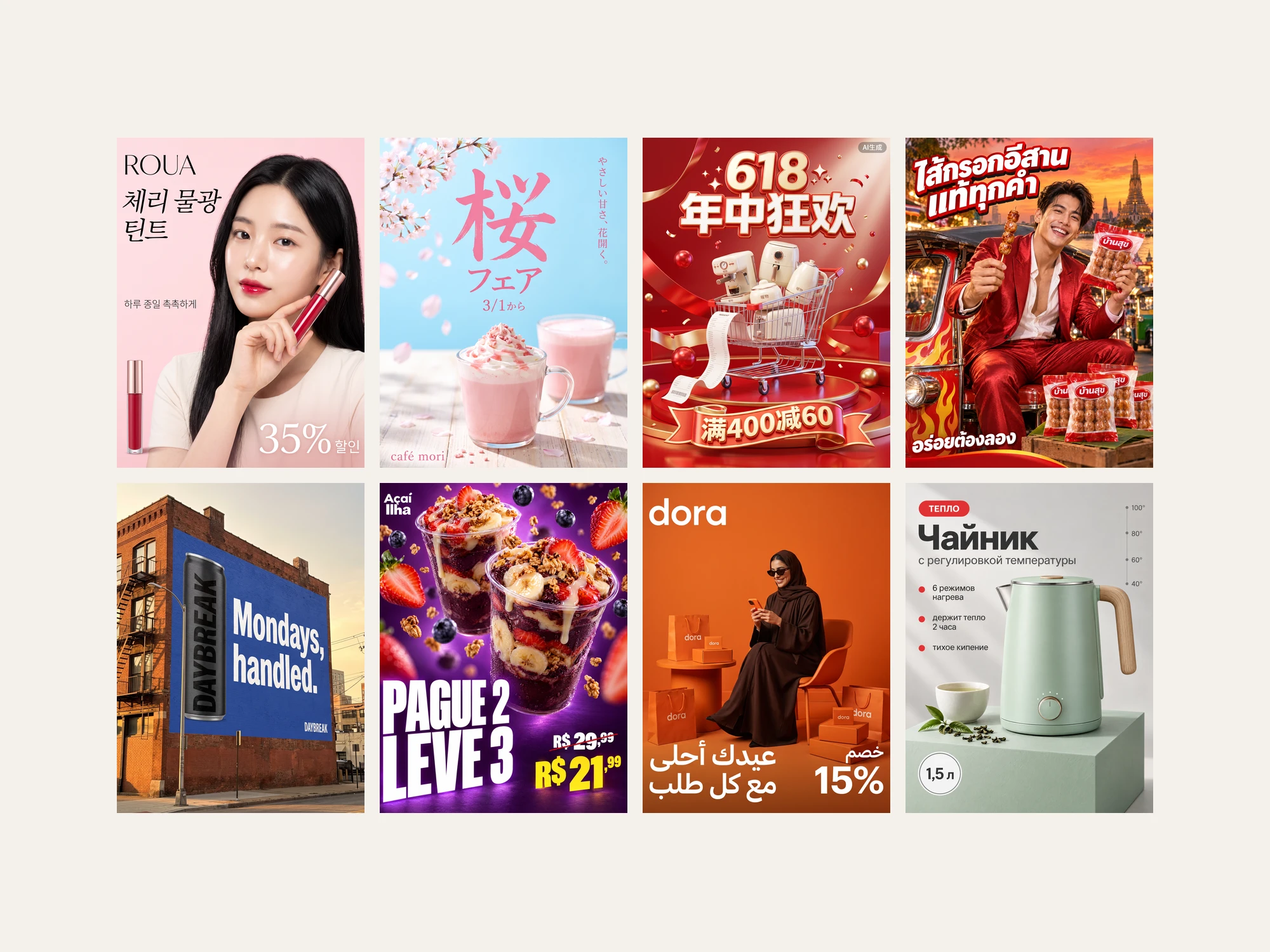 Eight example ads from Korea, Japan, China, Thailand, the US, Brazil, the Gulf and Russia, each in its own local style