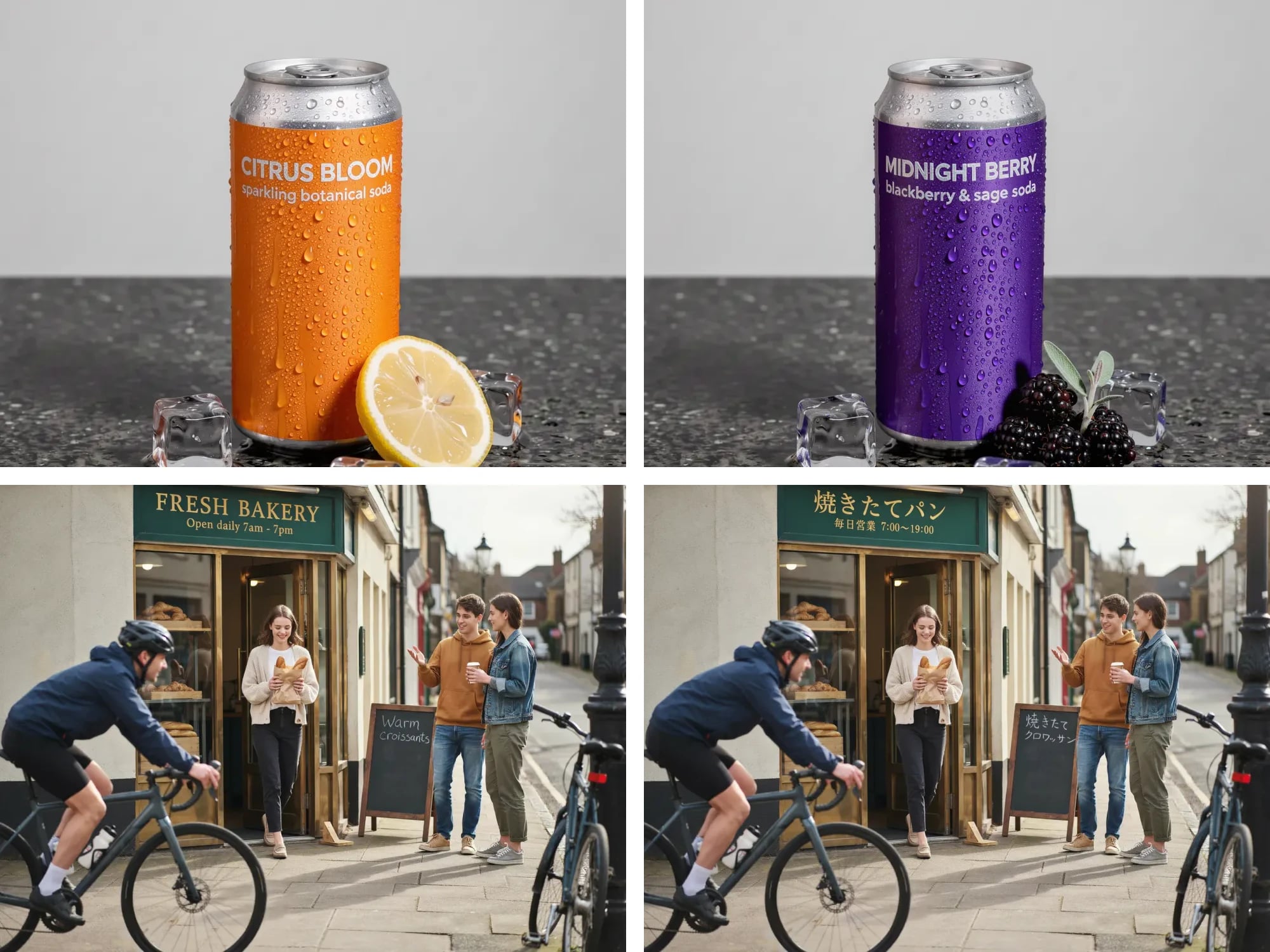 Two before-and-after edits: an orange CITRUS BLOOM can turned into a violet MIDNIGHT BERRY can, and a bakery sign translated from English into Japanese