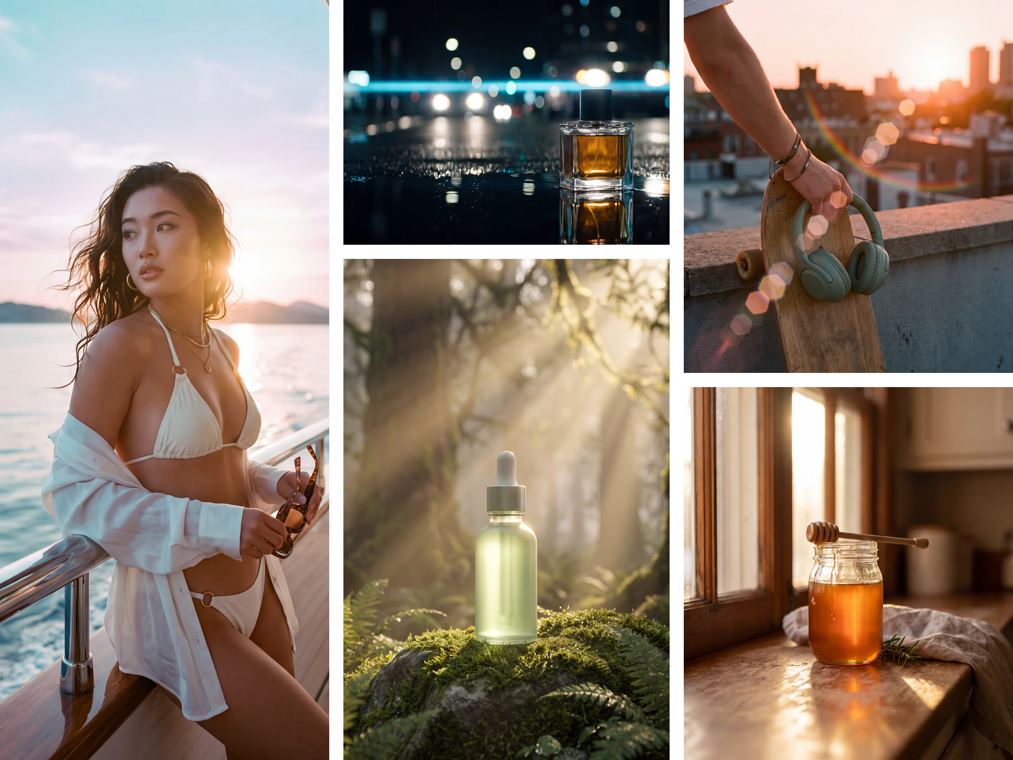 Five sunlit shots: a model on a yacht at sunset, a perfume bottle with a blue streak flare, a serum bottle under forest sunbeams, headphones with hexagonal flare ghosts and a backlit honey jar